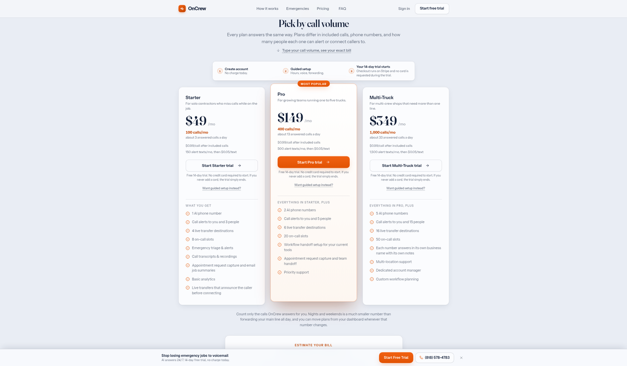 Screenshot of the OnCrew pricing page as published on September 9, 2026
