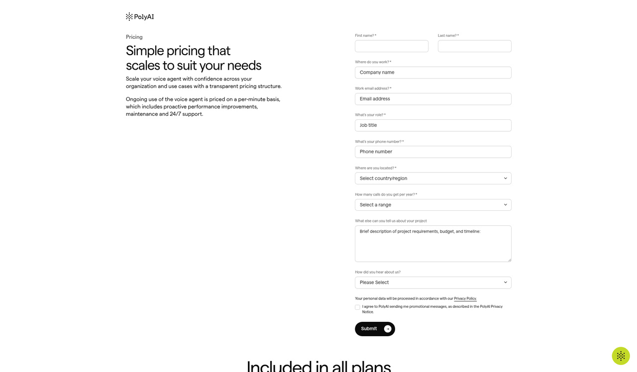 Screenshot of the PolyAI pricing page as published on September 9, 2026