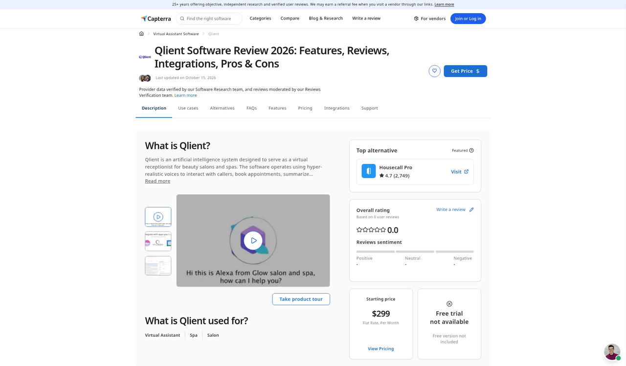 Screenshot of the Capterra listing for Qlient.ai as published on September 9, 2026