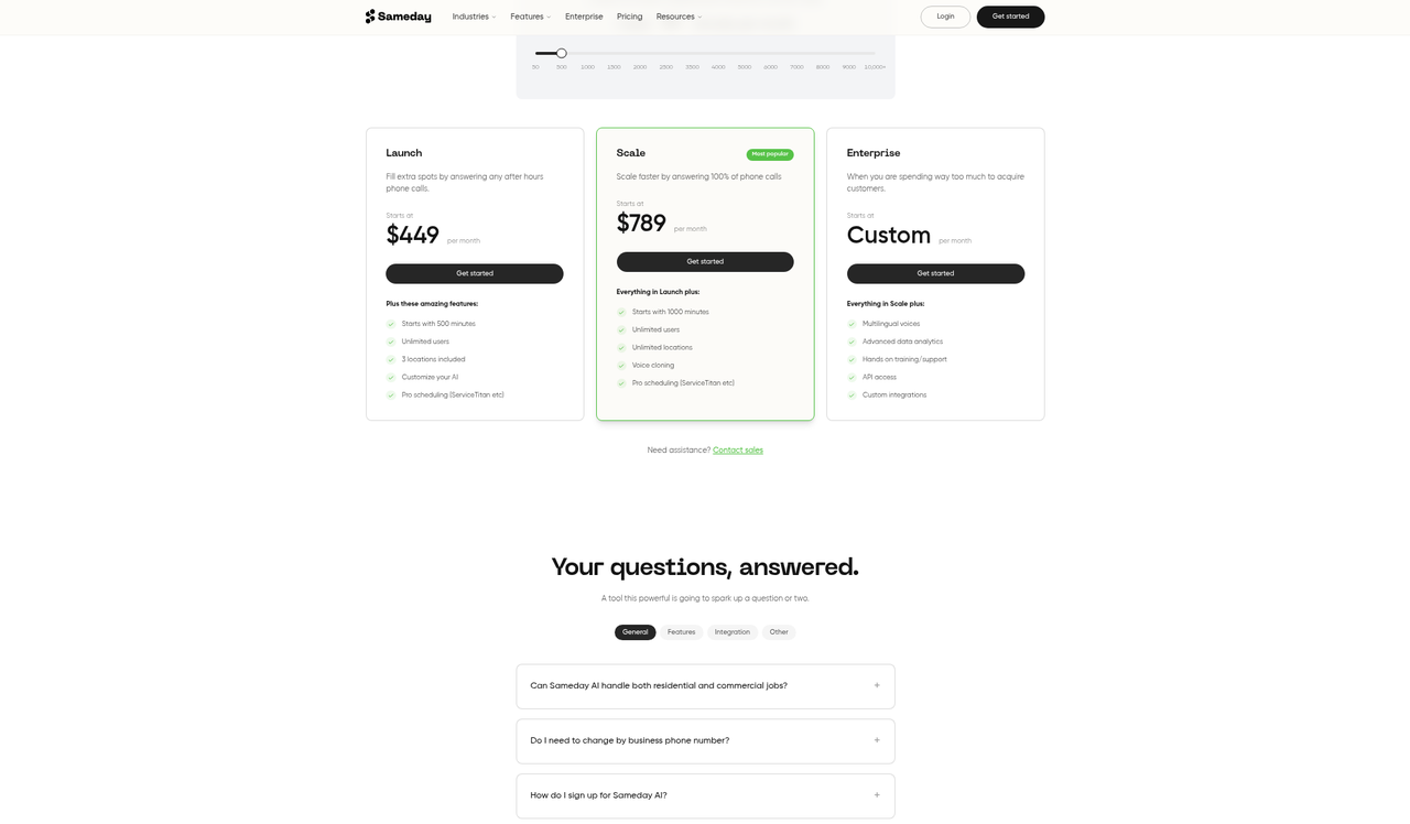 Screenshot of the Sameday pricing page as published on September 9, 2026