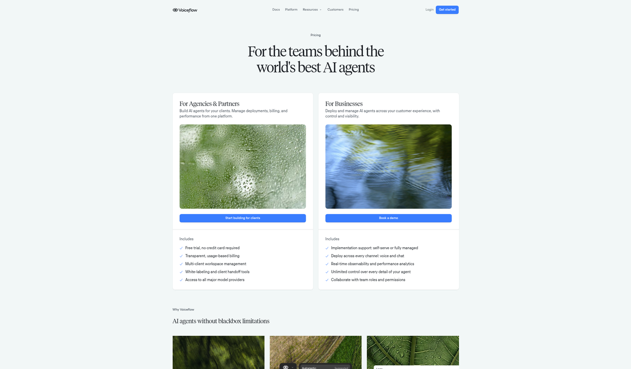 Screenshot of the Voiceflow pricing page as published on September 9, 2026