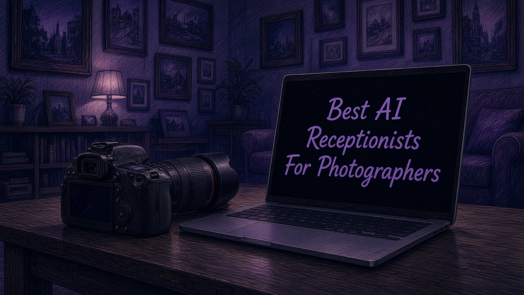 DSLR camera beside a laptop on a wooden desk, the laptop screen reading Best AI Receptionists For Photographers, in a dim studio with framed prints on the wall