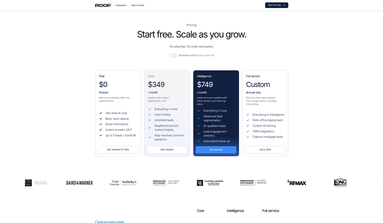 Screenshot of the Roof AI pricing page as published on September 18, 2026