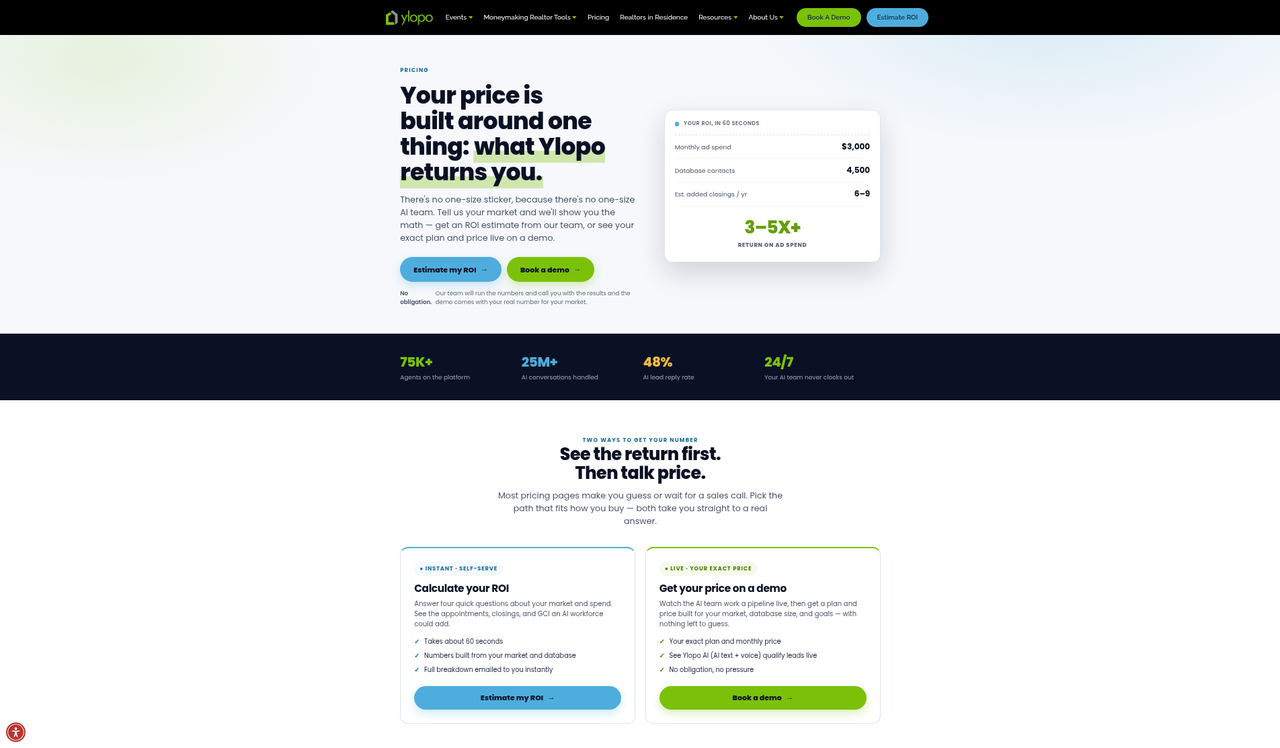 Screenshot of the Ylopo pricing page as published on September 18, 2026