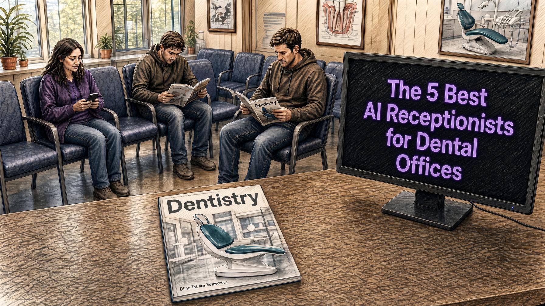 Dentists Office with several patients in the waiting room and on the computer monitor