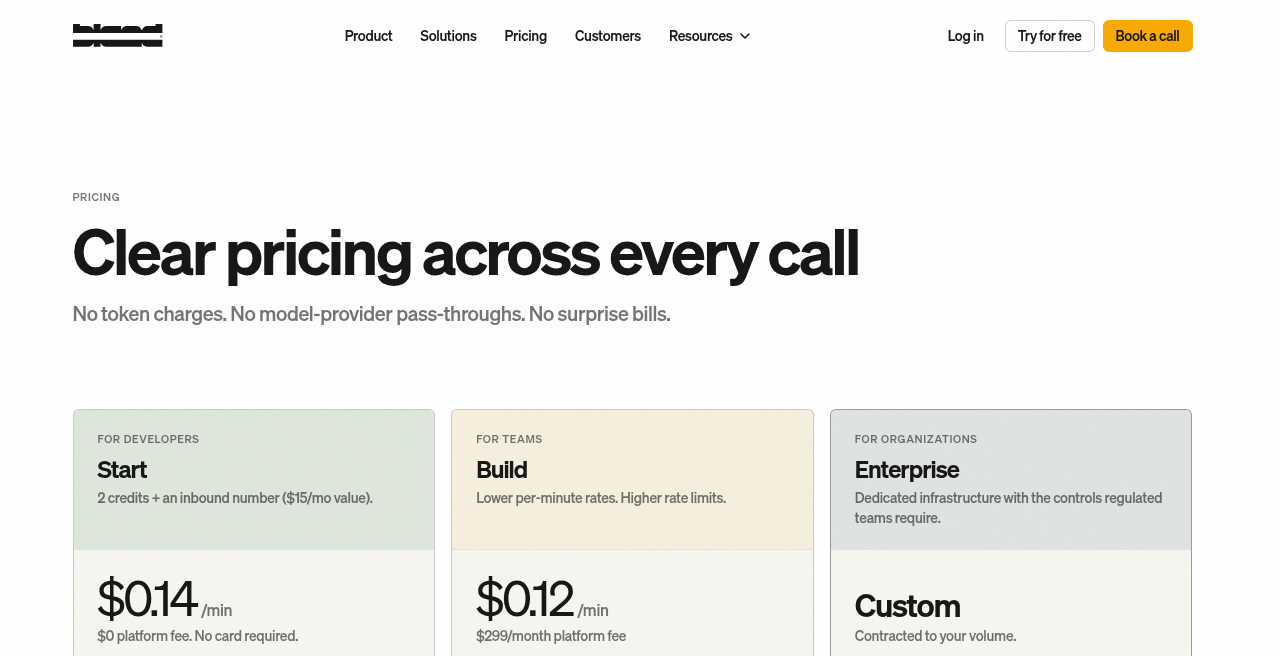 Vendor pricing for Bland AI, updated every Friday at 9:00 AM ET and manually verified weekly regardless of article type or article performance.