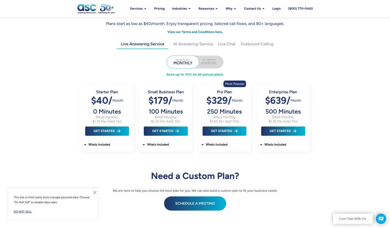 Screenshot of the Answering Service Care pricing page as published on September 7, 2026