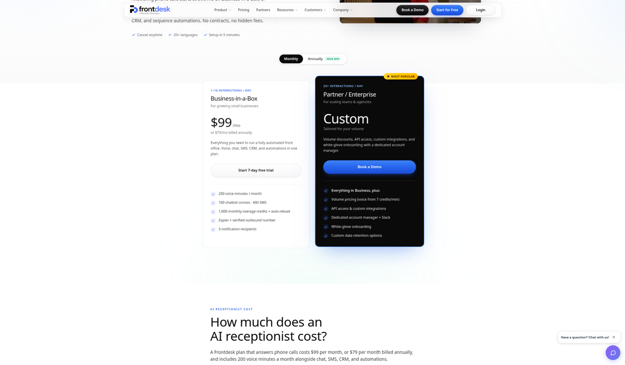 Screenshot of the My AI Front Desk pricing page as published on September 7, 2026