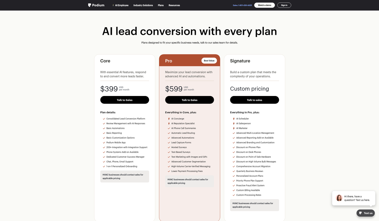 Screenshot of the Podium pricing page as published on September 9, 2026