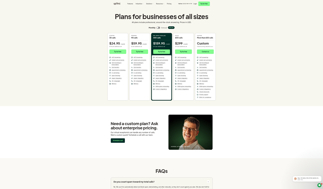 Screenshot of the Upfirst pricing page as published on September 7, 2026