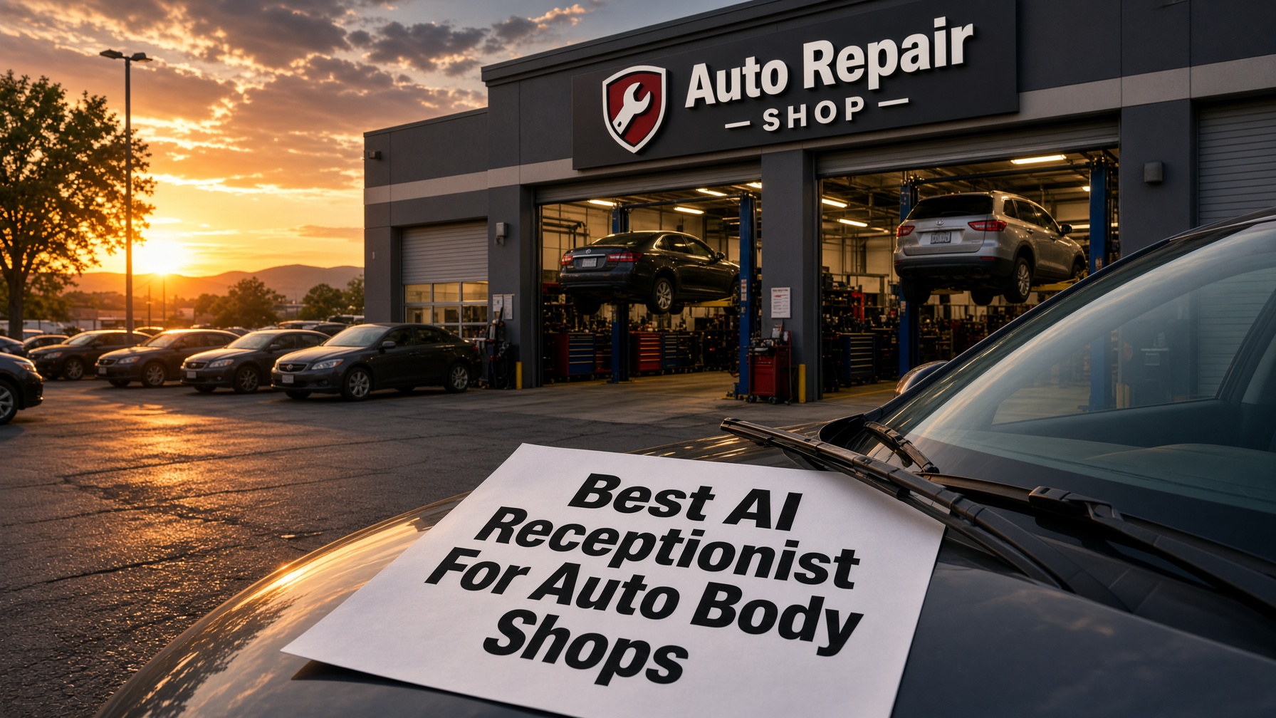 An auto repair shop at sunset with cars on the lifts in the open bays and a flyer on a windshield reading Best AI Receptionist for Auto Body Shops
