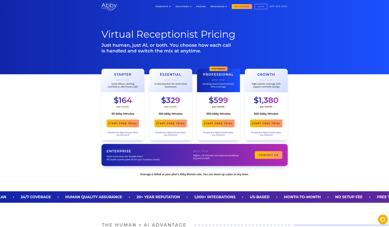 Screenshot of the Abby Connect pricing page as published on September 30, 2026