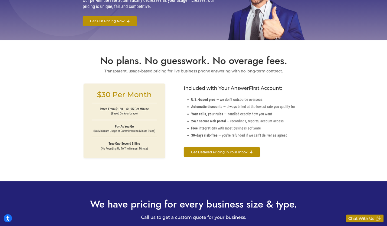 Screenshot of the AnswerFirst pricing page as published on September 30, 2026