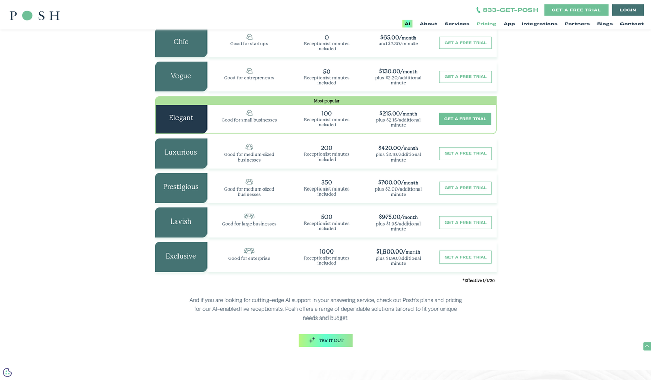 Screenshot of the Posh pricing page as published on September 30, 2026