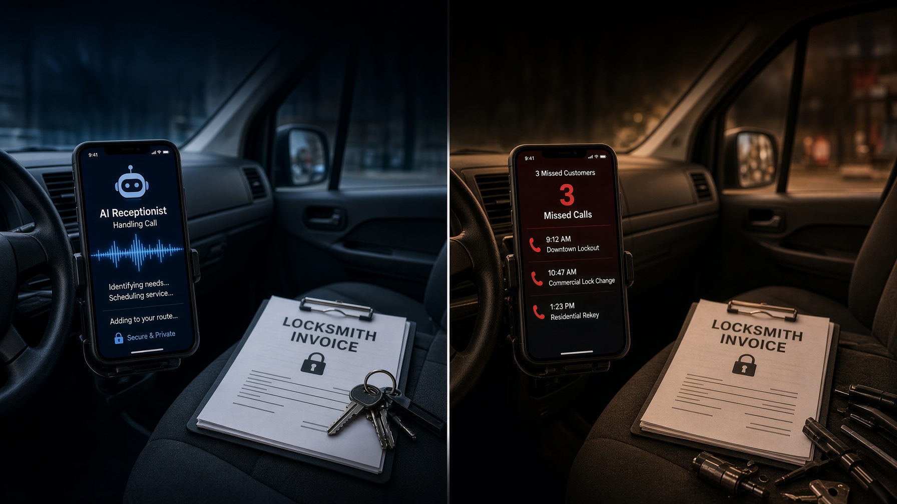 Split-screen of a locksmith's van dashboard at night: on the left, a phone shows an AI receptionist handling a call beside a locksmith invoice clipboard; on the right, the same phone shows three missed customer calls