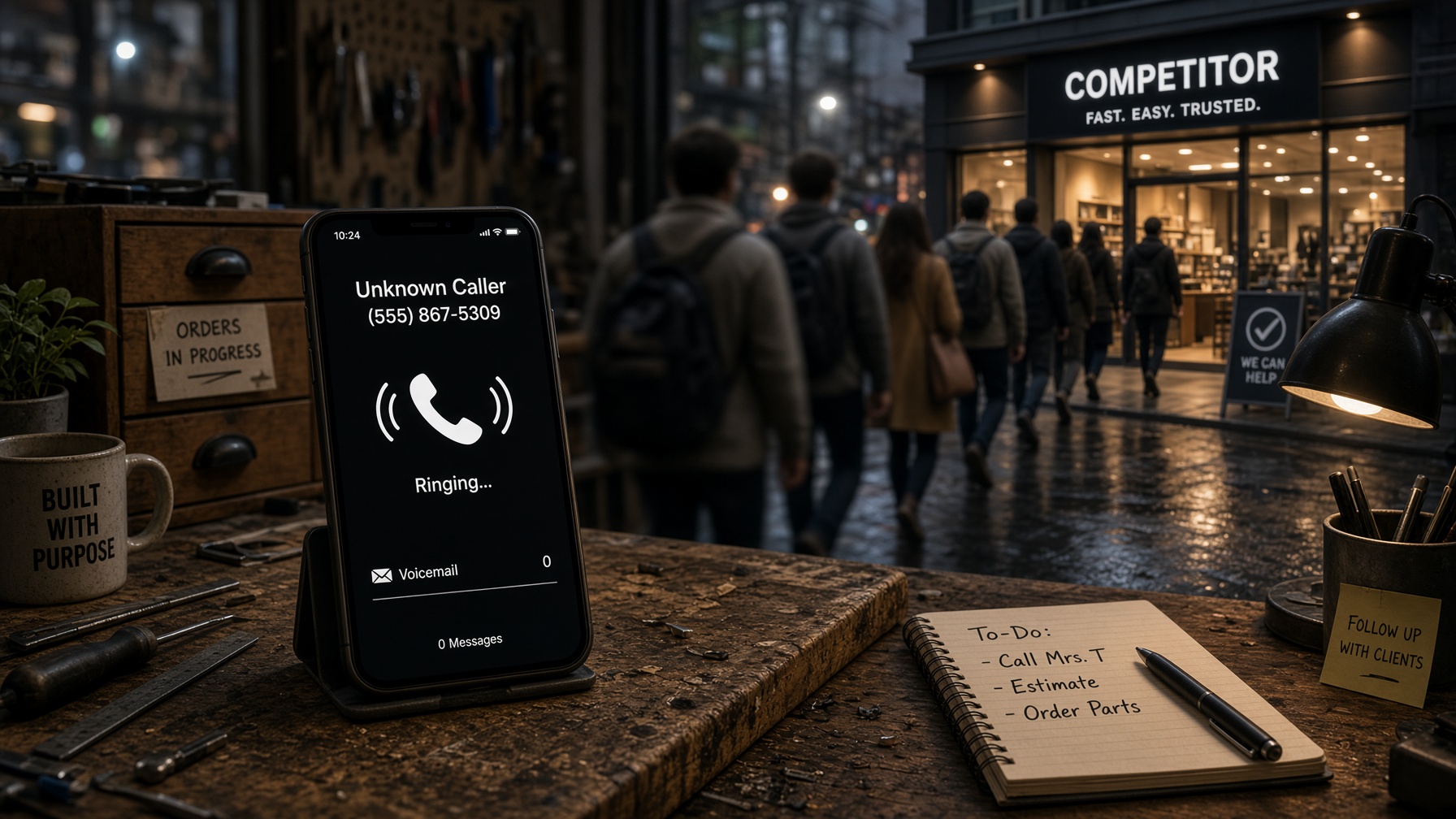 A small-business phone ringing unanswered on a workbench, its voicemail icon showing zero messages while a stream of callers flows away toward a competitor's lit storefront