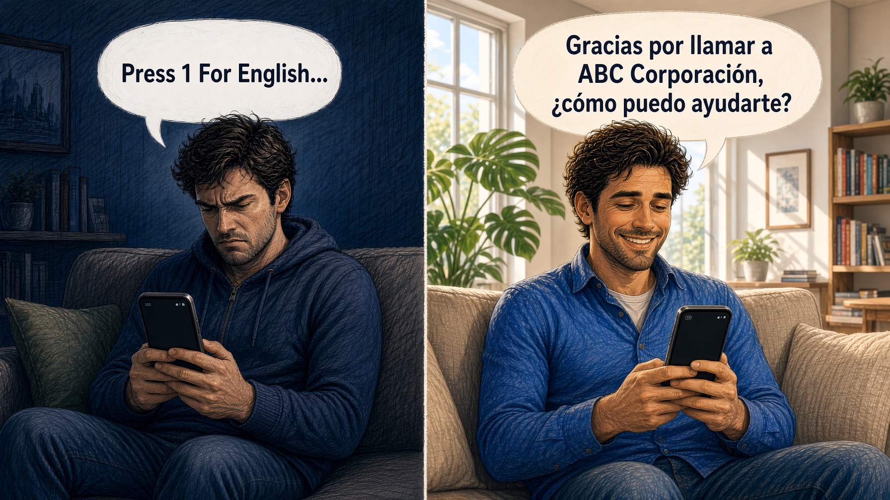 Split scene: a frustrated man on the phone hearing an automated "Press 1 for English" menu beside a smiling man being greeted in Spanish by a bilingual AI receptionist