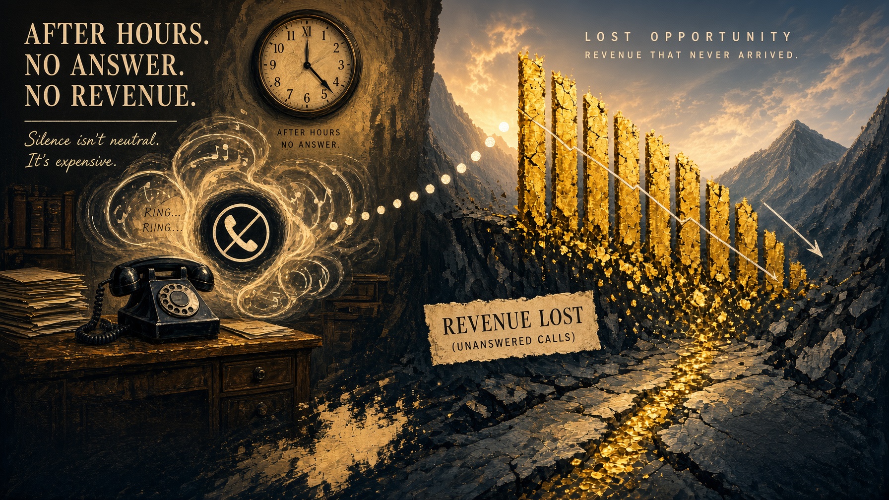 A vintage phone ringing unanswered beside a clock after closing time, with the words "After hours. No answer. No revenue." and gold bars crumbling into revenue lost from unanswered calls