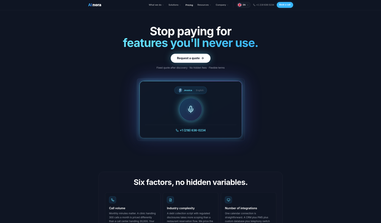 Screenshot of the Ainora AI pricing page showing Request a quote with no published prices, captured October 16, 2026