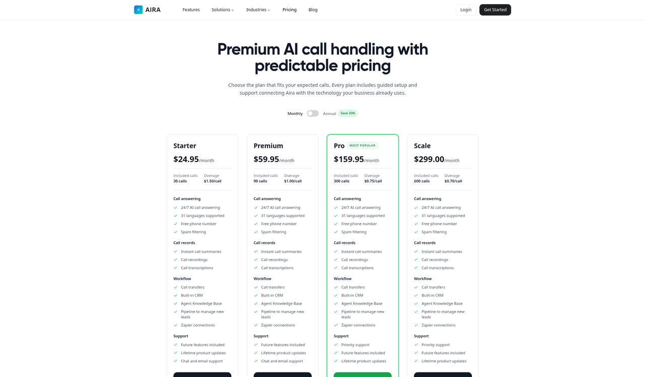 Screenshot of the AIRA pricing page as published on October 16, 2026