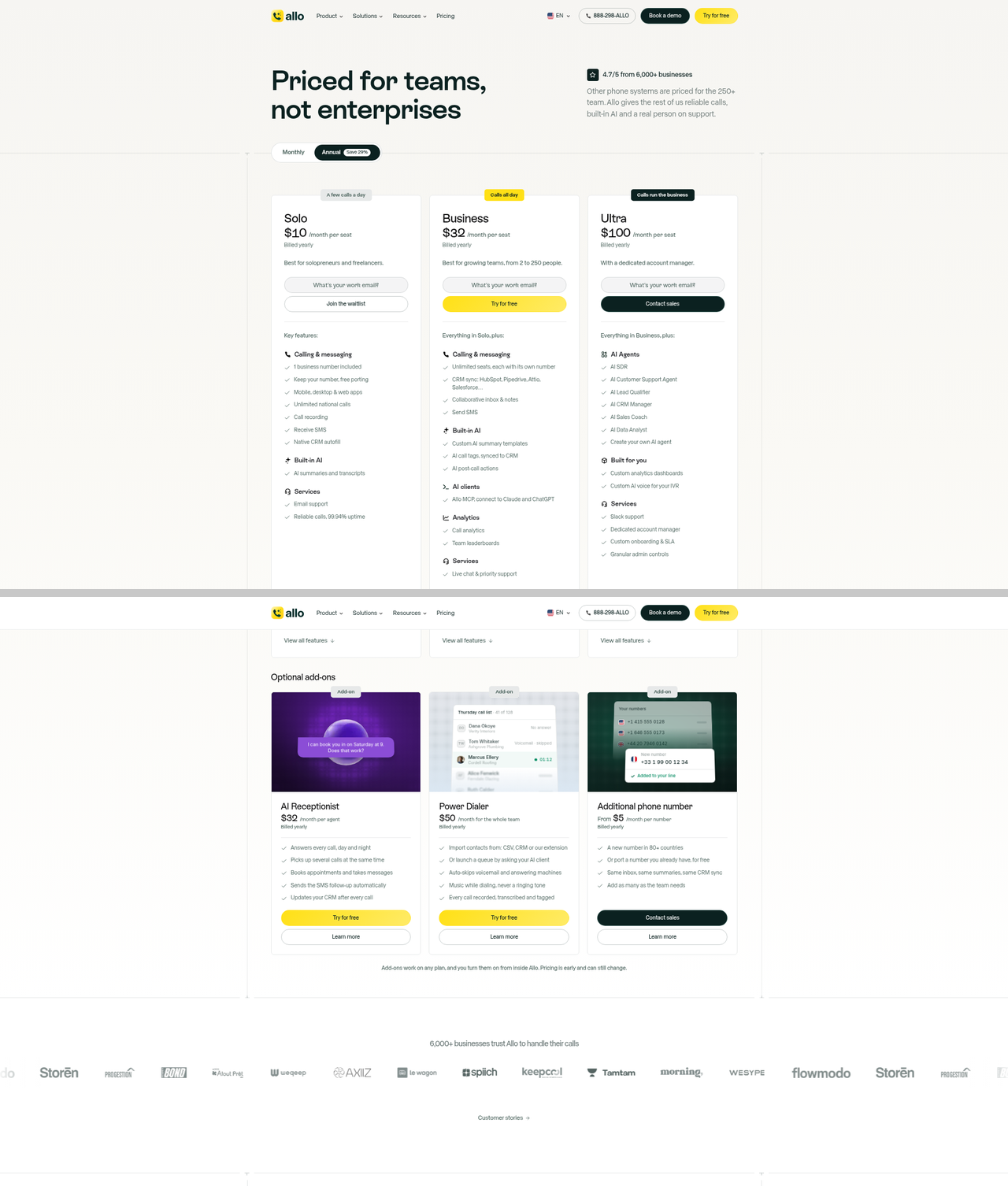 Screenshot of the Allo pricing page as published on October 16, 2026