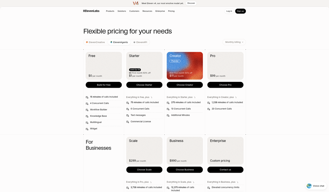 Screenshot of the ElevenLabs pricing page as published on October 16, 2026