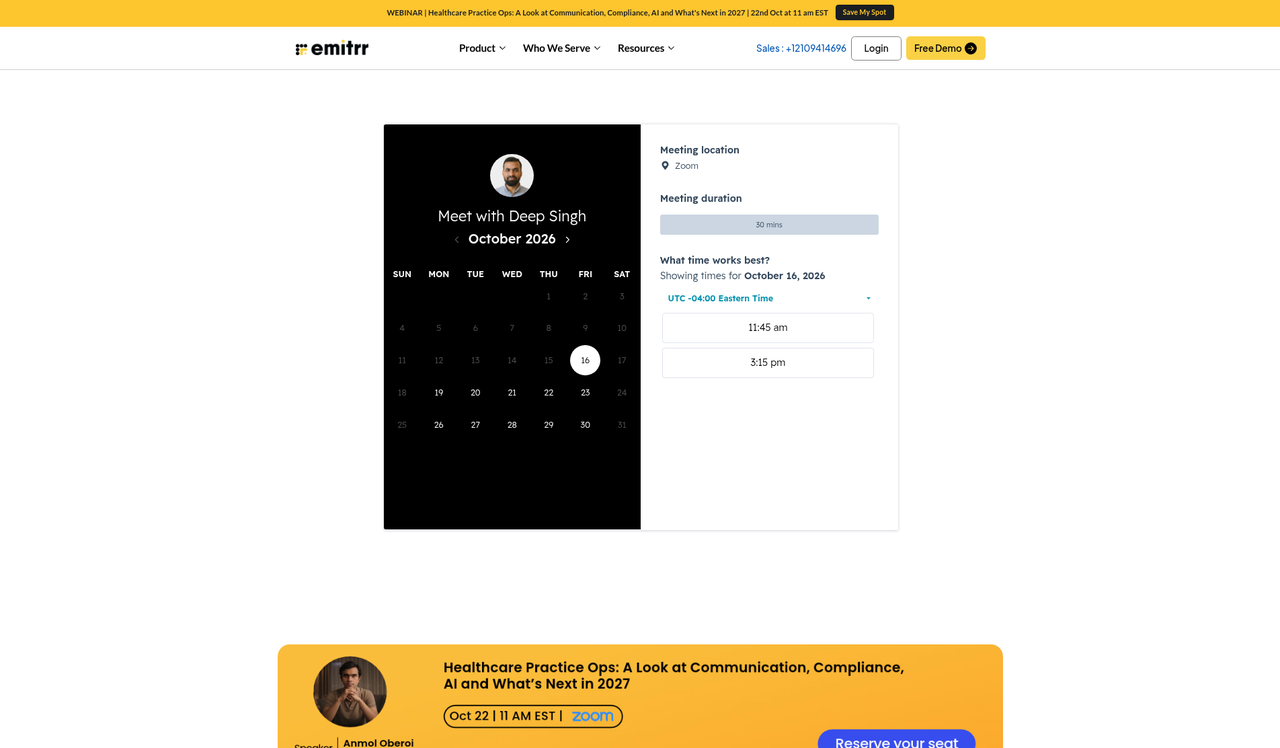 Screenshot of the Emitrr demo request page (no published pricing), captured October 16, 2026