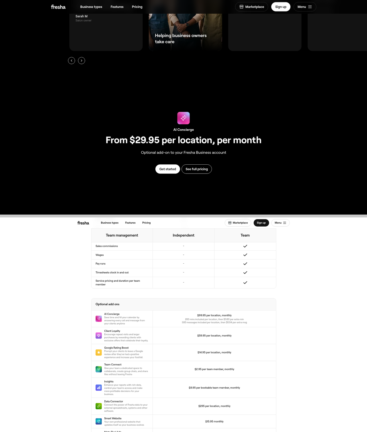 Screenshot of the Fresha AI Concierge pricing page as published on October 16, 2026