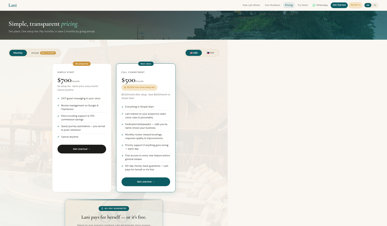 Screenshot of the Lani AI pricing page as published on October 16, 2026