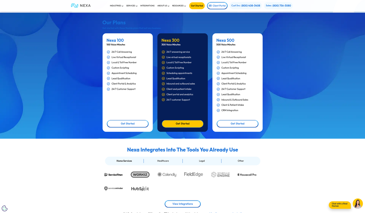 Screenshot of the Nexa plans page listing Nexa 100, 300 and 500 by voice minutes with no published prices, captured October 16, 2026