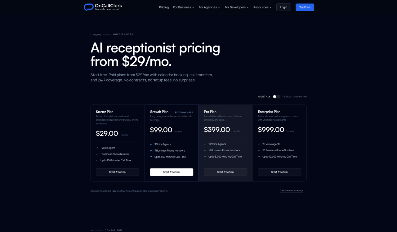 Screenshot of the OnCallClerk pricing page as published on October 16, 2026