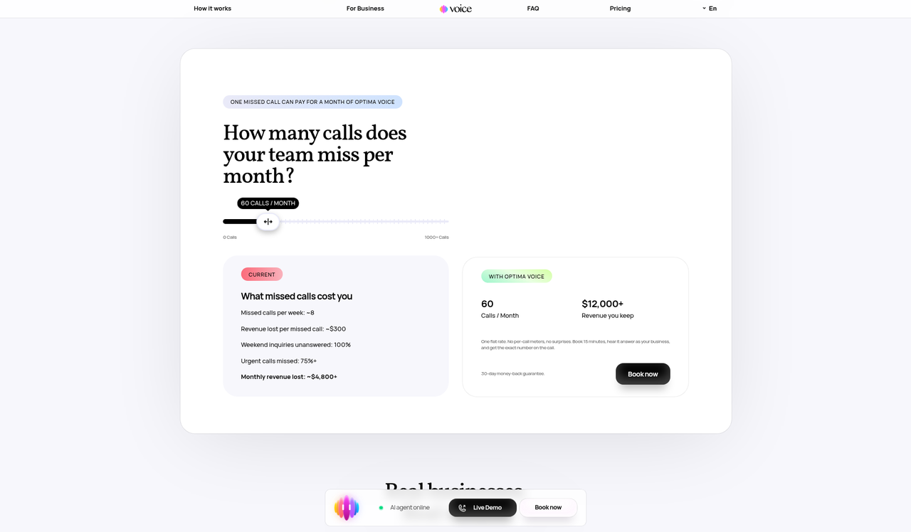 Screenshot of the Optima Voice pricing page as published on October 16, 2026