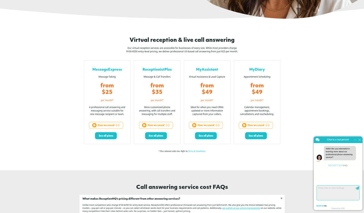 Screenshot of the ReceptionHQ pricing page as published on October 16, 2026