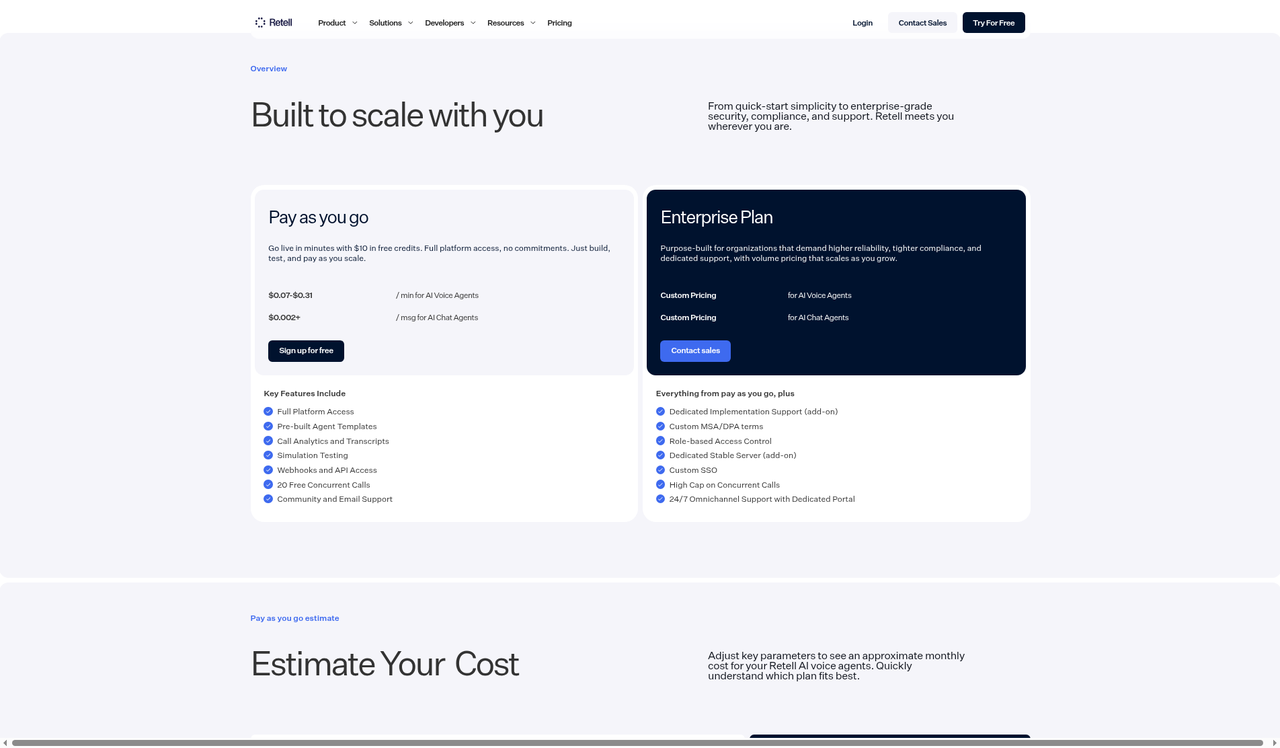 Screenshot of the Retell AI pricing page as published on October 16, 2026