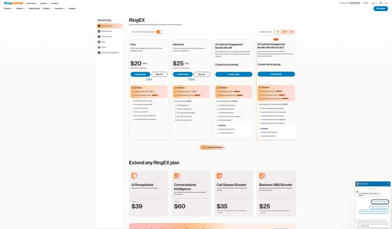 Screenshot of the RingCentral pricing page as published on October 16, 2026