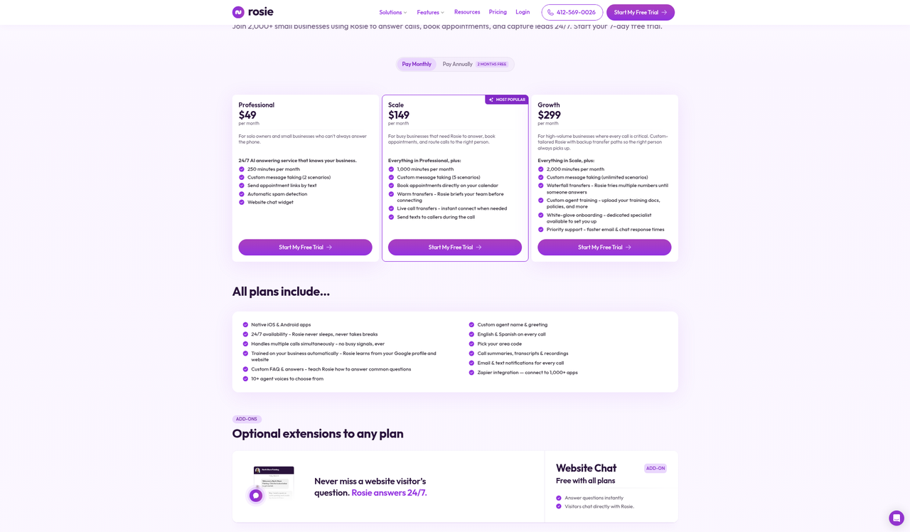 Screenshot of the Rosie pricing page as published on October 16, 2026