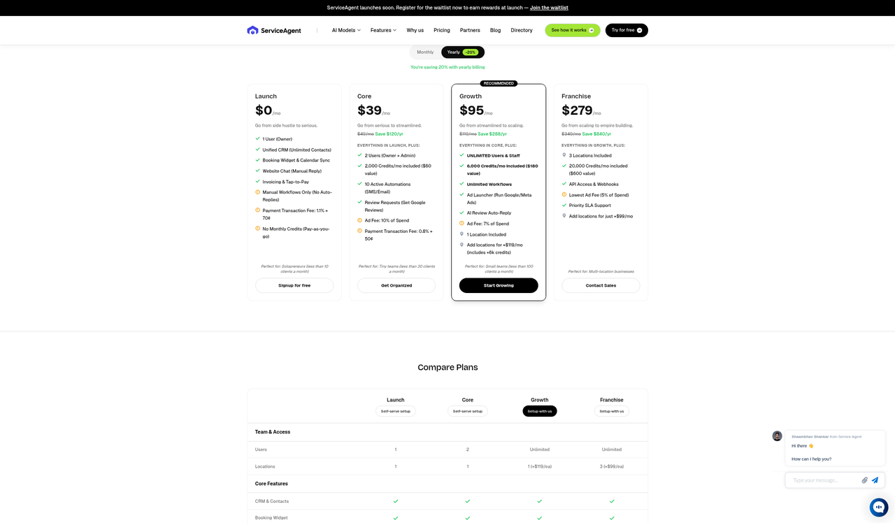 Screenshot of the ServiceAgent pricing page as published on October 16, 2026