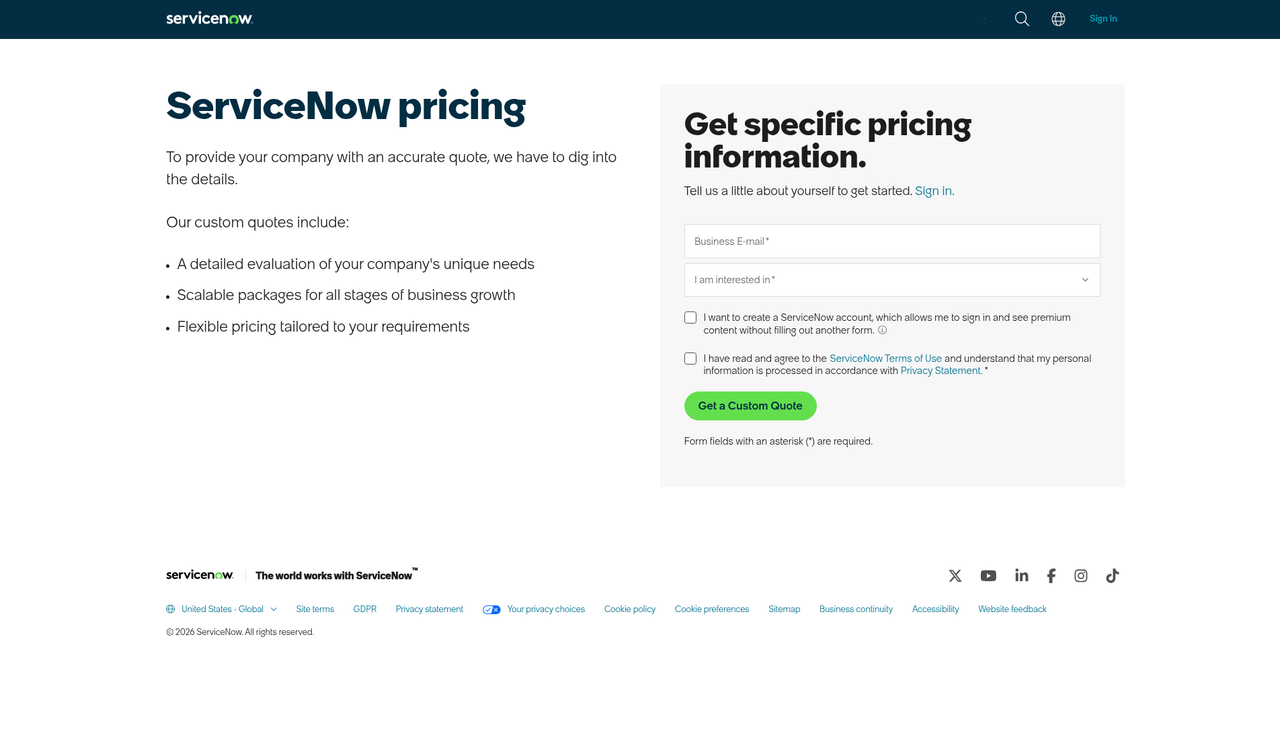 Screenshot of the ServiceNow pricing page as published on October 16, 2026