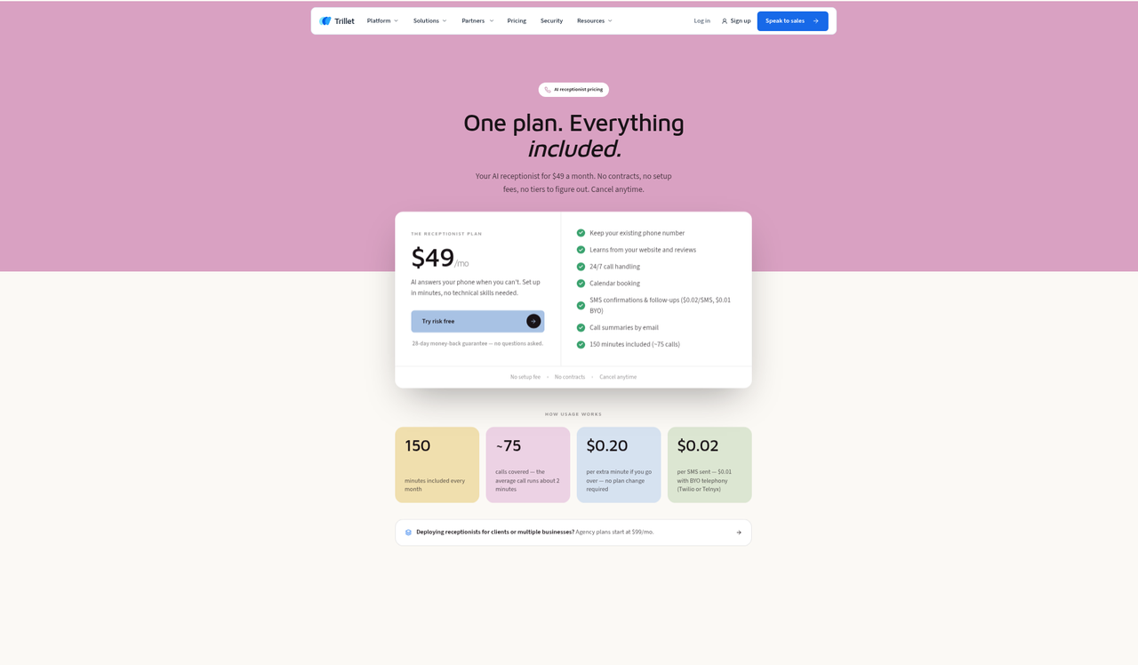 Screenshot of the Trillet pricing page as published on October 16, 2026