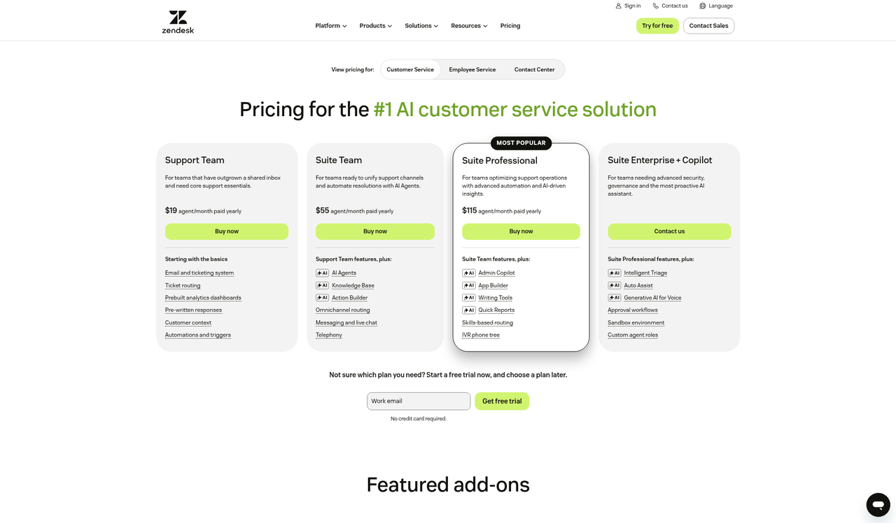 Screenshot of the Zendesk AI pricing page as published on October 16, 2026