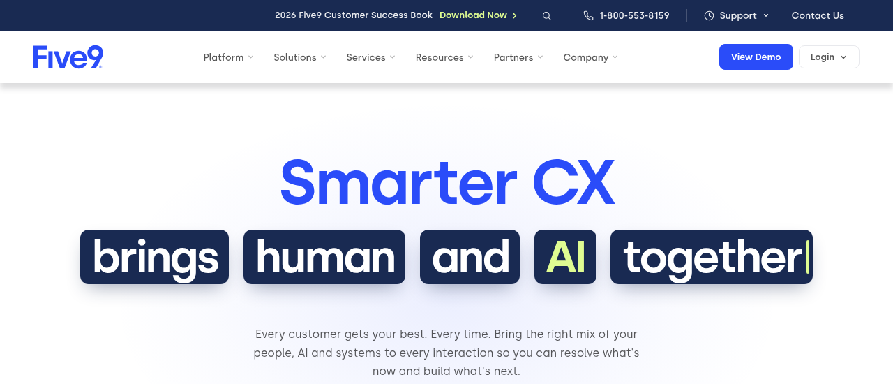 Screenshot of the Five9 homepage as published on October 16, 2026; Five9's former pricing page now forwards here