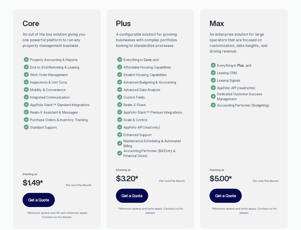 Screenshot of the AppFolio pricing page as published on October 16, 2026