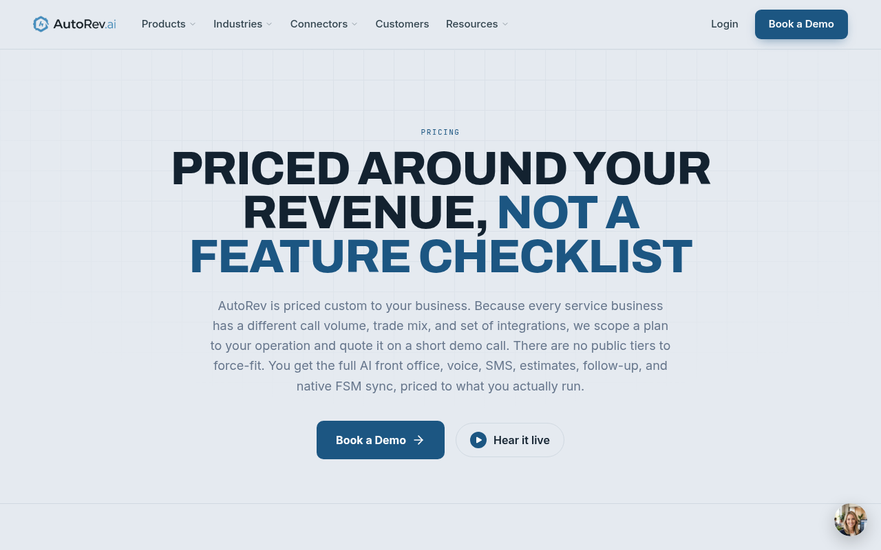 Screenshot of the AutoRev pricing page saying pricing is quoted on a short demo call, with no published prices, captured October 22, 2026