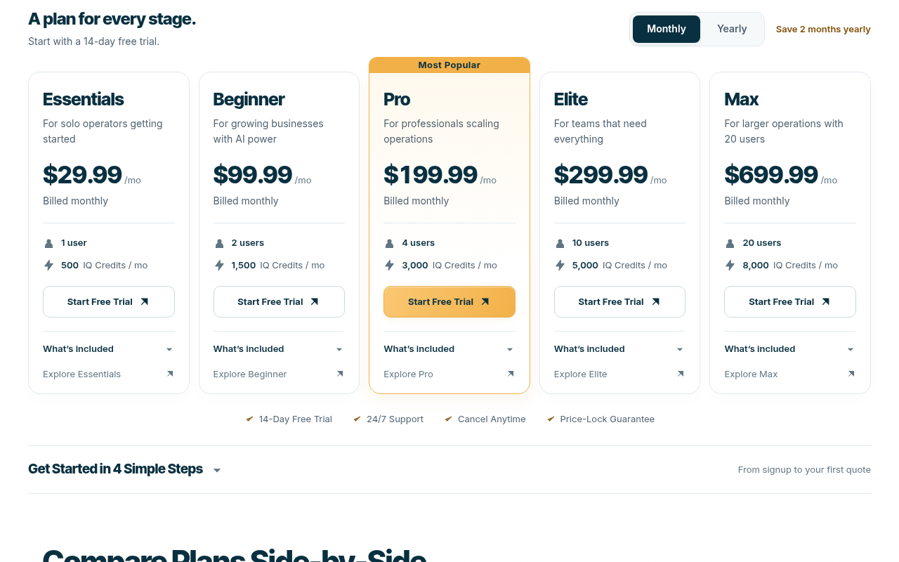 Screenshot of the QuoteIQ pricing page as published on October 22, 2026