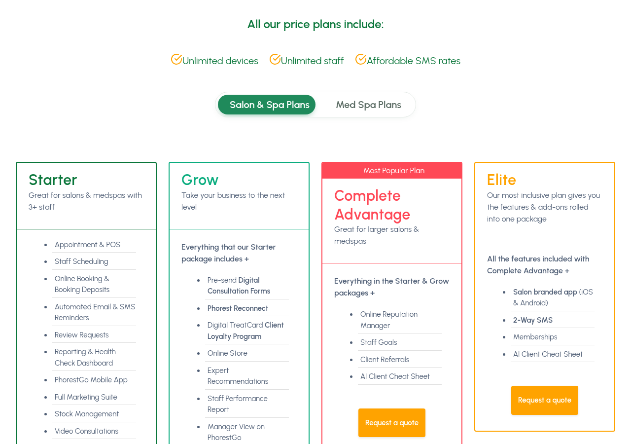 Screenshot of the Phorest pricing page listing Starter, Grow, Complete Advantage and Elite salon plans with Request a quote buttons and no published prices, captured October 23, 2026
