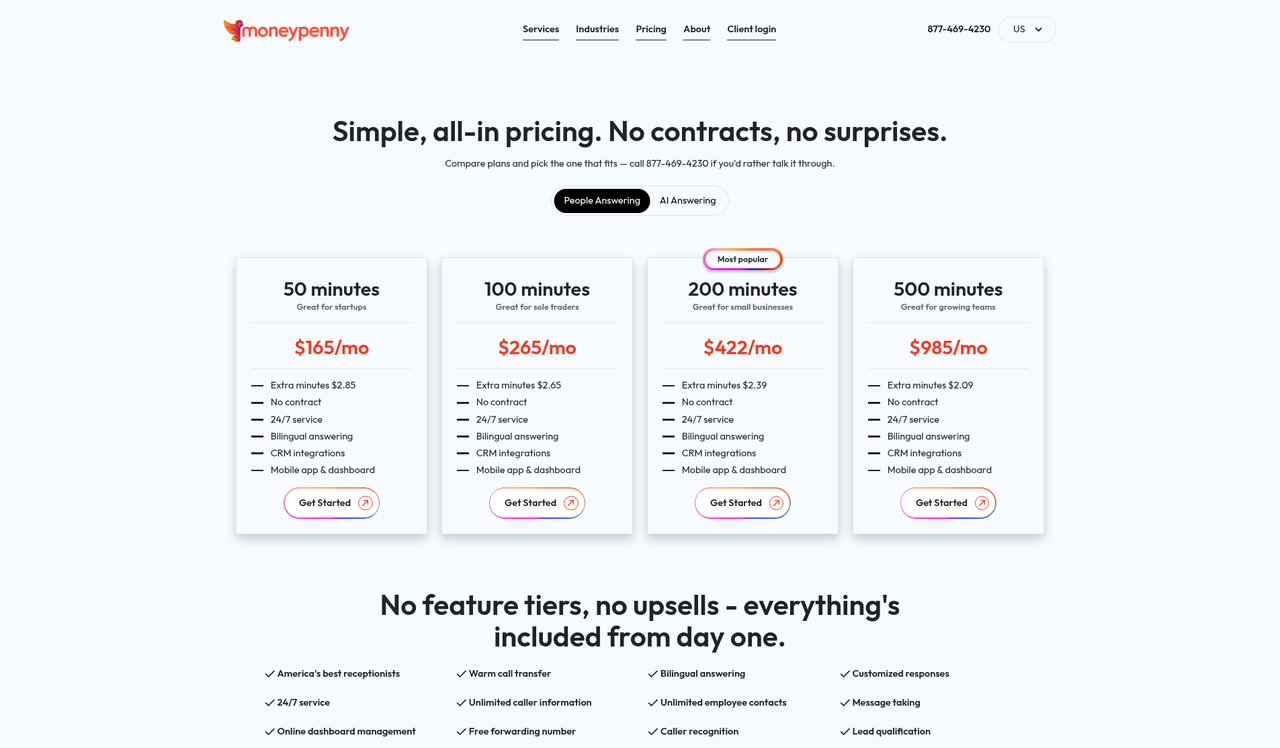 Screenshot of the Moneypenny pricing page as published on October 23, 2026