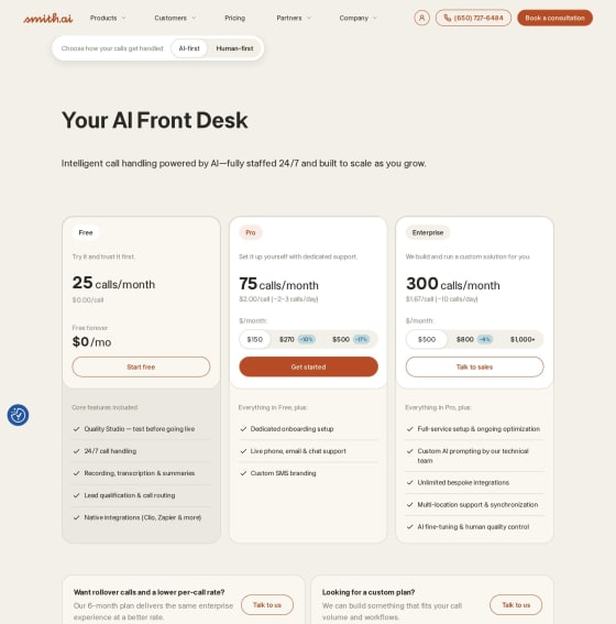 Smith.ai pricing page screenshot