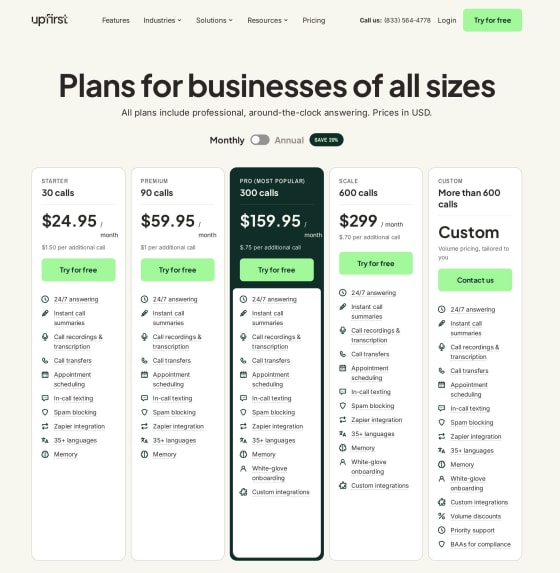 Upfirst pricing page screenshot