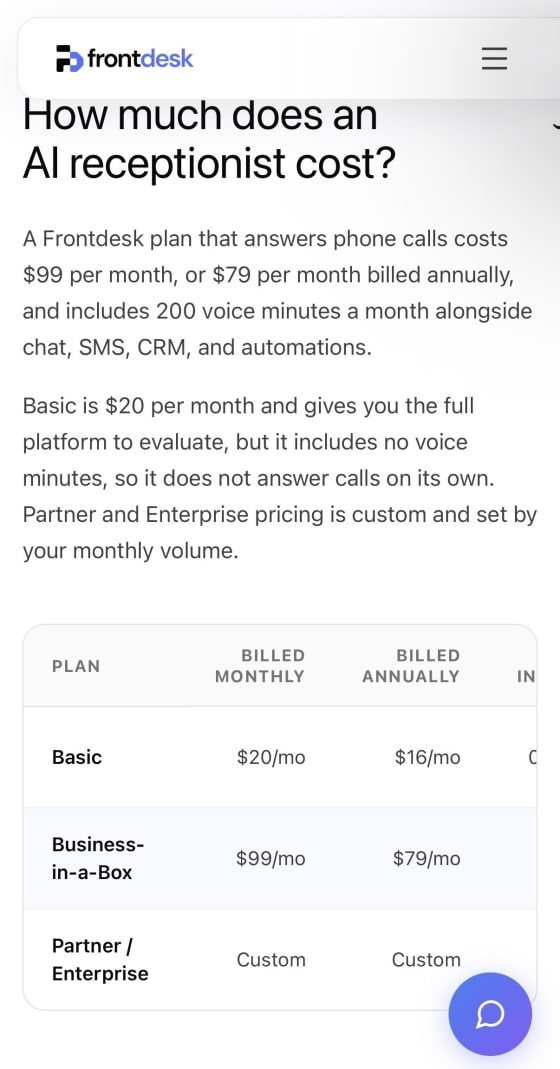 My AI Front Desk pricing page screenshot
