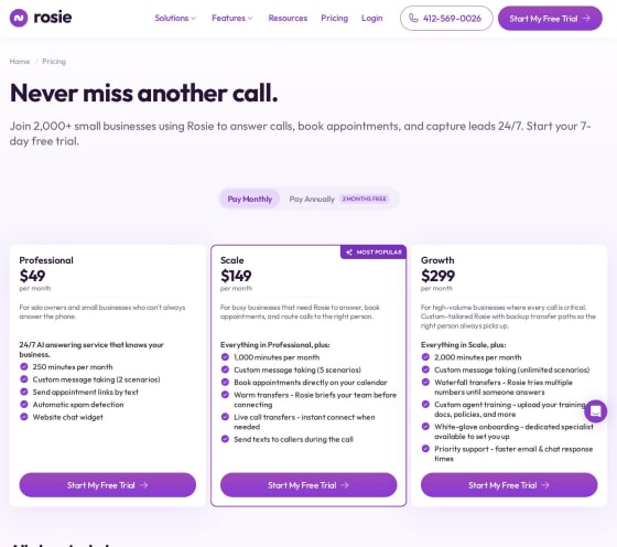Rosie pricing page screenshot